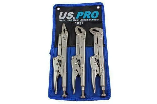 Us Pro Tools 3 Piece 12" Flat & Curved Jaw Long Reach Locking Mole Grip Pliers 1837 1