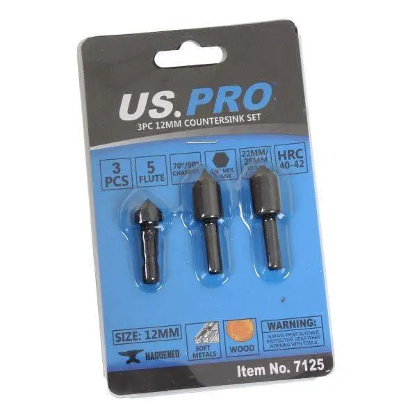 Us Pro Tools 3Pc 12Mm Countersink Drill Bit Set 7125 1
