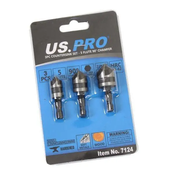 Us Pro Tools 3Pc Countersink Set 5 Flute 90° Chamfer Drill Bit Set 7124 1