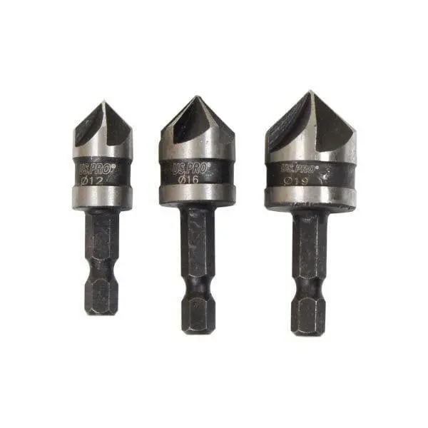 Us Pro Tools 3Pc Countersink Set 5 Flute 90° Chamfer Drill Bit Set 7124 2