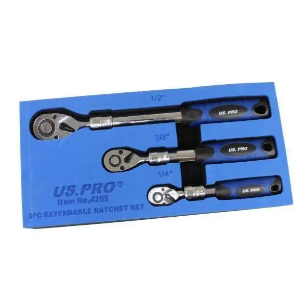 Us Pro Tools 3Pc Extendable Ratchet Set 1/4" 3/8" 1/2" Drives In Foam Tray 4205 1