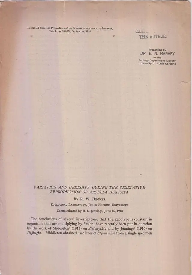 Variation And Heredity During The Vegetative Reproduction Of Arcella Dentata  By Hegner, R.W. 1