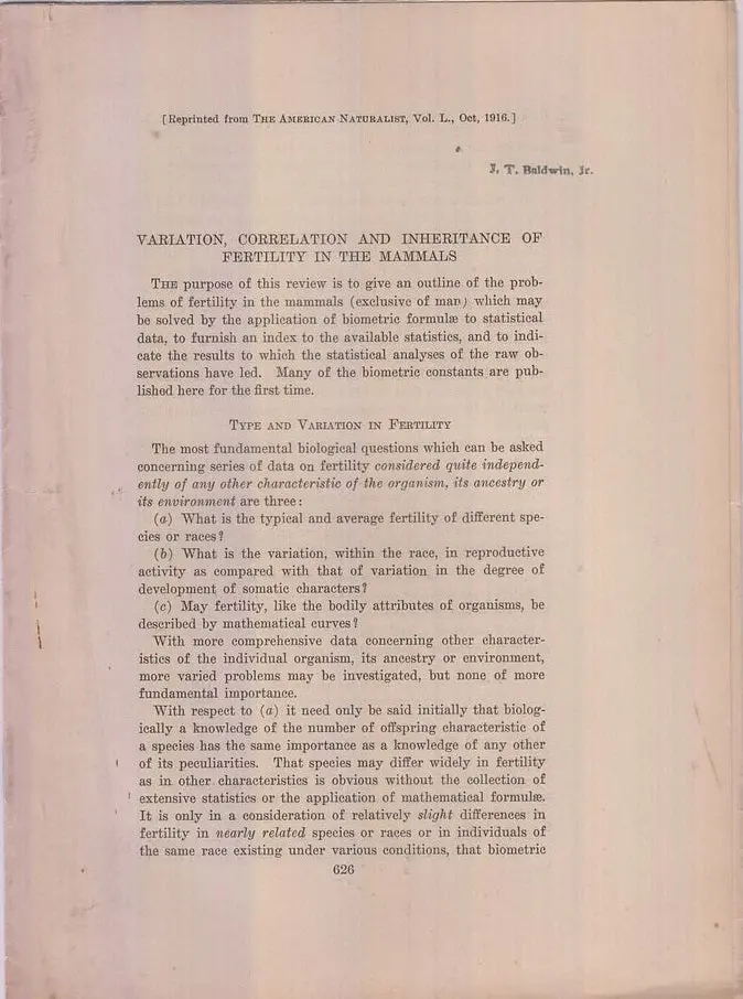 Variation, Correlation And Inheritance Of Fertility In The Mammals By Harris, J. Arthur 1