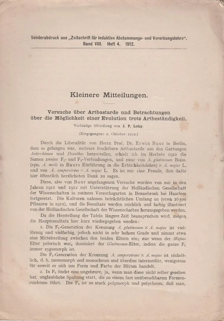 Versuche Uber Artbastarde Und Betrachtungen Uber Die Moglichkeit Einer Evolution Trotz Artbestandigkeit  By Lotsy, J.P. 1