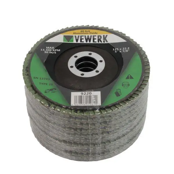 Vewerk 10Pc Type 29 Flap Discs 60 Grit Aluminium Oxide 125Mm X 22.2Mm 9220 1