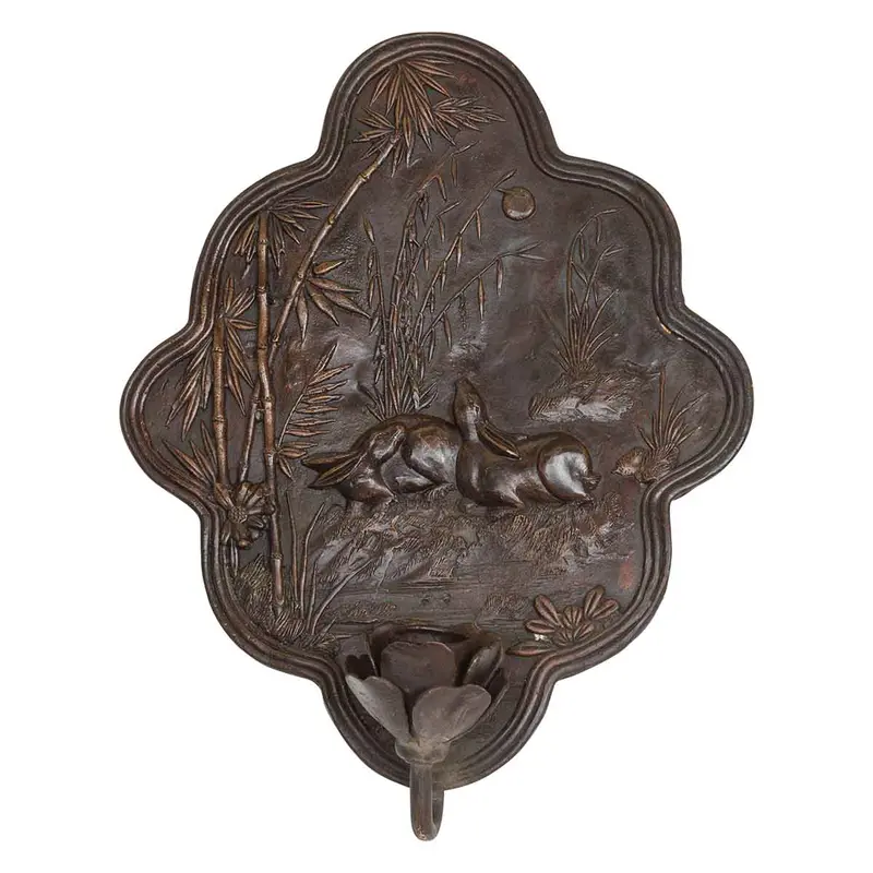 Vintage Bronze Candle Sconce With Rabbits And Bamboo In Dark Patina 1