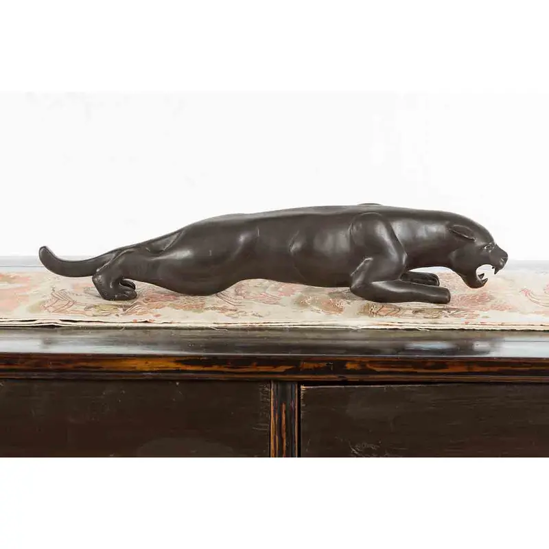 Vintage Cast Bronze Sculpture Of Skulking Jaguar On The Prowl With Dark Patina 1