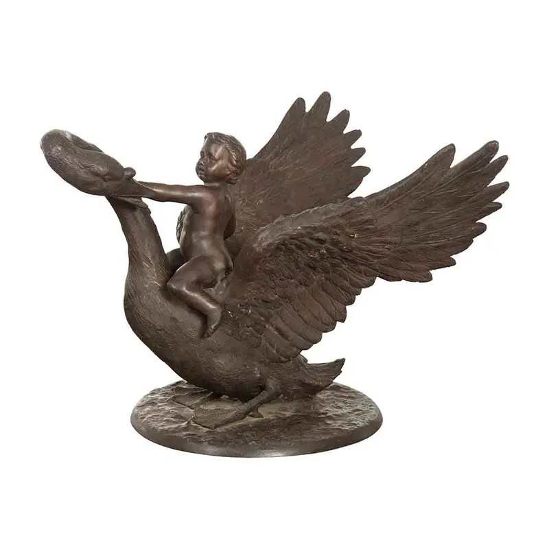 Vintage Greco Roman Style Bronze Sculpture Of A Chubby Putto Riding A Swan 1