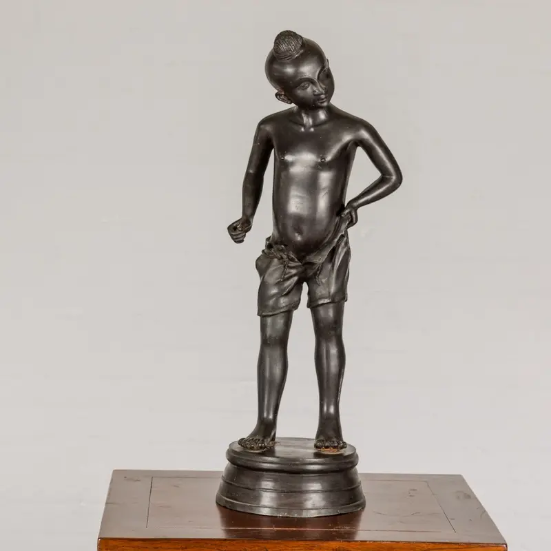Young Boy Bronze Tabletop Statuette In Dark Patina 1