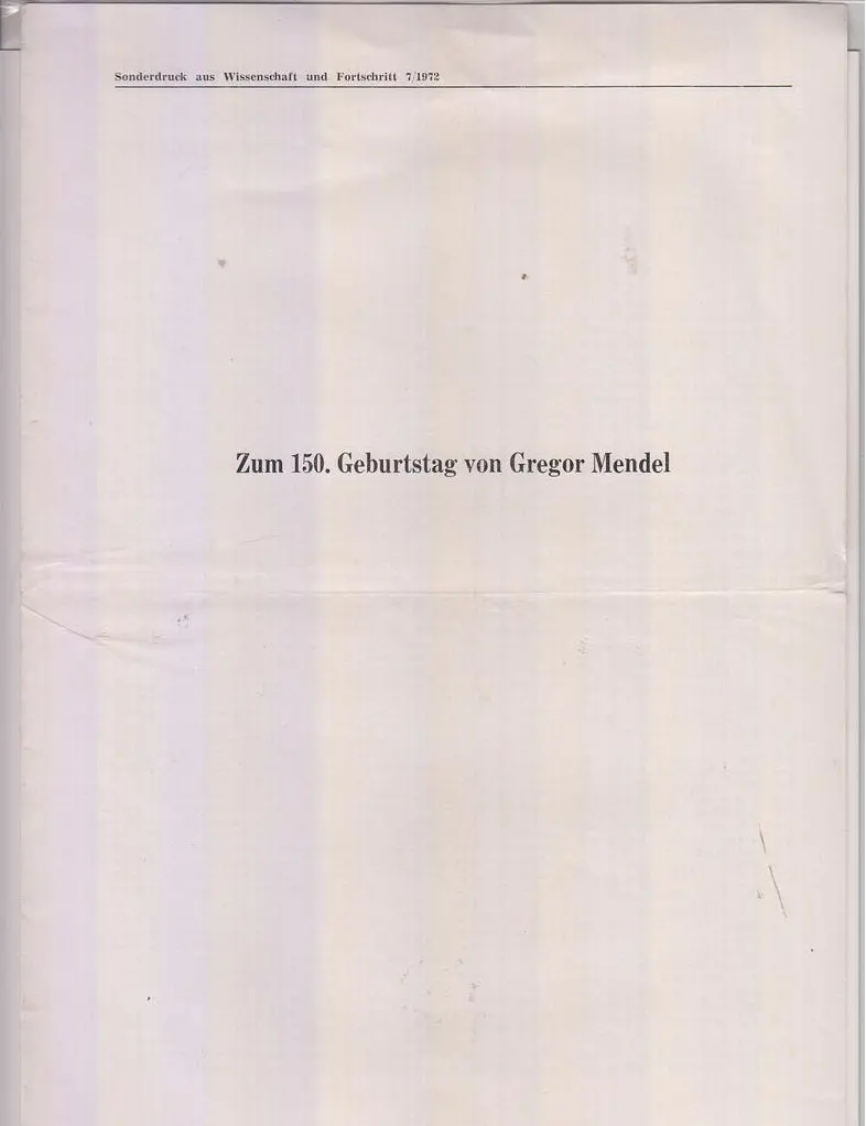 Zum 150. Geburstag Von Gregor Mendel  By Stubbe, Hans 1