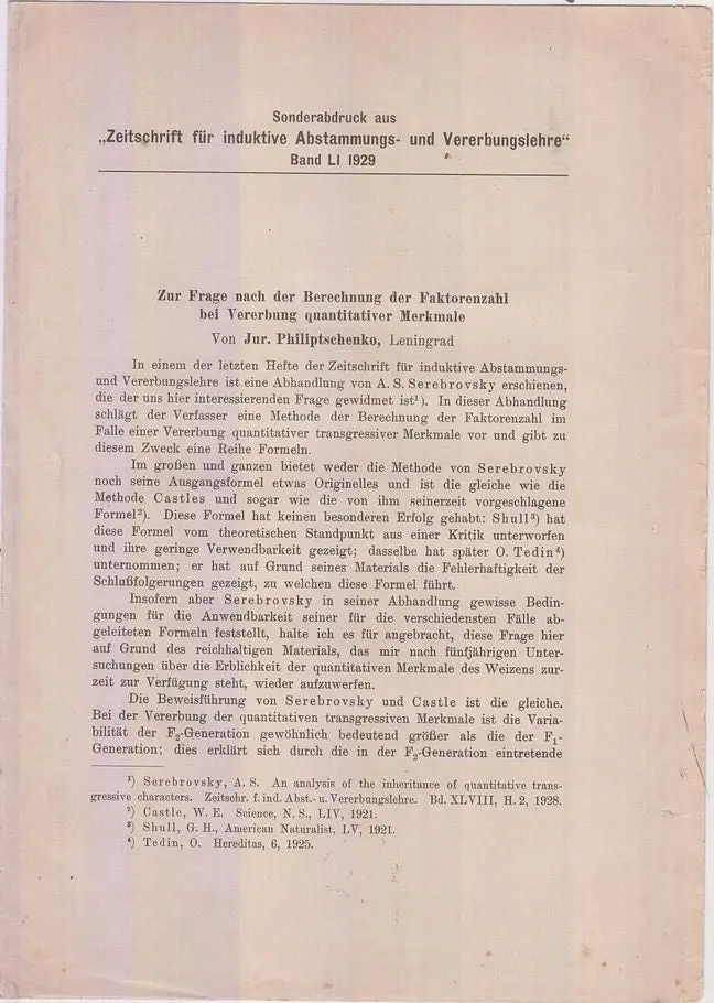 Zur Frage Nach Der Berechnung Der Faktorenzahl Bei Vererbung Quantitativer Merkmale By Philiptschenko, Jur. 1