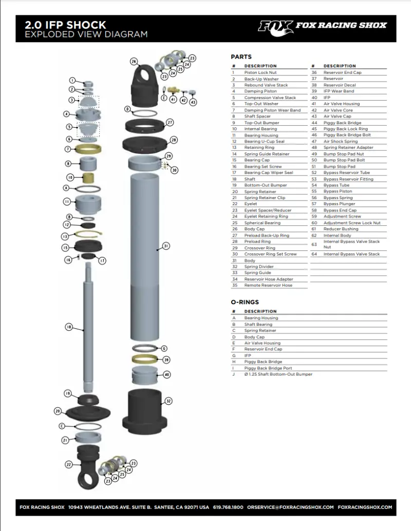 Fox External Reservoir Shock: 0.300" Wall × 5.830" Stroke × 0.050" Tube Wall, 1.834" Bore 1