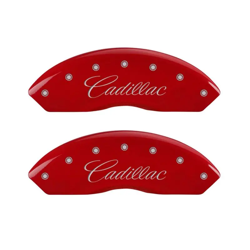 Mgp Engraved 4-Piston Caliper Covers For Cadillac – Front (Cursive) & Rear (Xlr), Red-On-Silver Finish 1