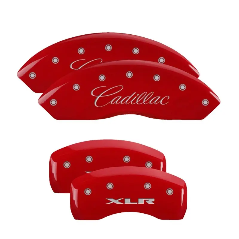 Mgp Engraved 4-Piston Caliper Covers For Cadillac – Front (Cursive) & Rear (Xlr), Red-On-Silver Finish 2